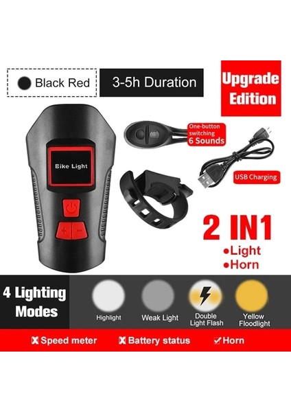 Siyah Kırmızı Stilini Yükselt USB Şarj Edilebilir Bisiklet Ön Işık El Feneri Bisiklet Bilgisayarı ile Su Geçirmez Bisiklet Işık LCD Kilometre Bisiklet Kafa Işık Korna (Yurt Dışından)