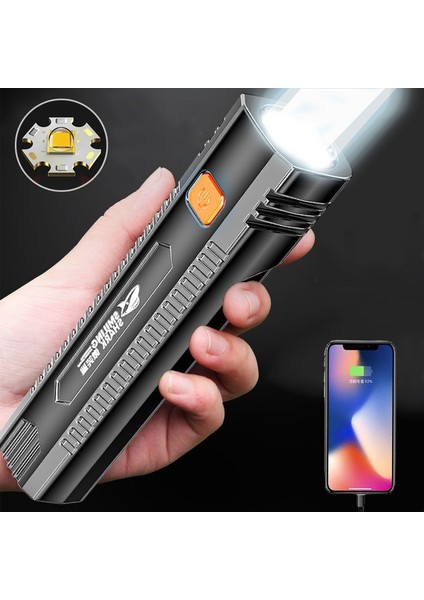 Siyah Stil Taşınabilir El Feneri USB Şarj Edilebilir LED Torch Cep El Feneri Çıkışlı Güç Bankası Suya Dayanıklı Kendini Savunma Balıkçılık Kamp (Yurt Dışından)