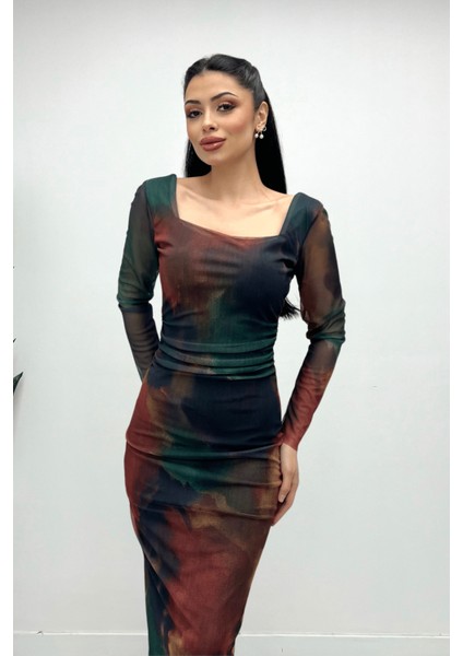 Tül Kumaş Kare Yaka Büzgü Detaylı Elbise - Yeşil