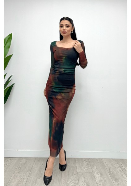 Tül Kumaş Kare Yaka Büzgü Detaylı Elbise - Yeşil fiyatları