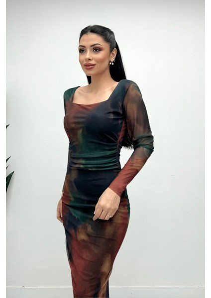 Tül Kumaş Kare Yaka Büzgü Detaylı Elbise - Yeşil modelleri