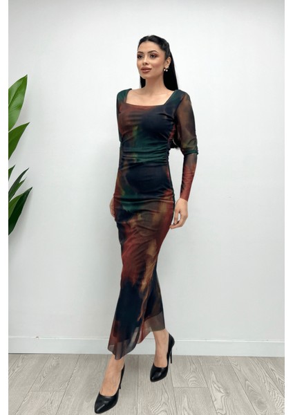 Tül Kumaş Kare Yaka Büzgü Detaylı Elbise - Yeşil fırsatları