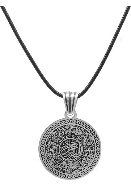Hüsn-I Hat Ayetel Kursi Yazılı Ip Zincirli 925 Ayar Gümüş Madalyon