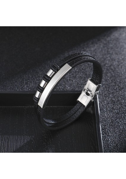 Çift Katmanlı Siyah Deri Gümüş Renk Çelik Plaka ve Kilit Sistemli Erkek Bileklik modelleri