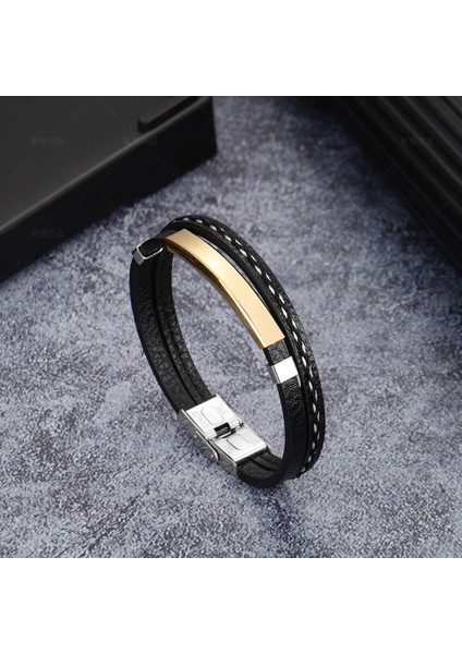 Retro Siyah Deri & Sarı Renk Çelik Plakalı/mekanizmalı Kişiye Özel Harf/isim Yazılı Erkek Bileklik modelleri