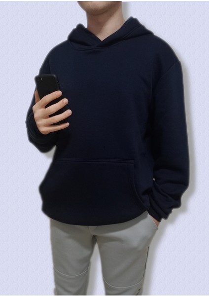 Lacivert Oversize Kapüşonlu Erkek Standart Beden Sweatshırt