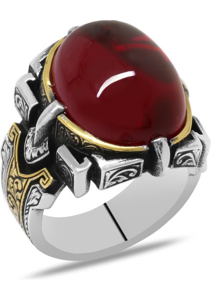 Kırmızı Ruby Taşlı Kalem Işçilik Tasarım 925 Ayar Gümüş Erkek Yüzük