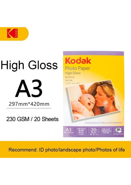 A3 230GSM 20 Yaprak Stili Kodak Ev Yüksek Parlak Süet Fotoğraf Kağıdı Inç Yazıcı Renkli Fotoğraf Kağıdı Inkjet Rc Görüntü Kağıdı A3 A4 A6 Baskı Kağıdı (Yurt Dışından)