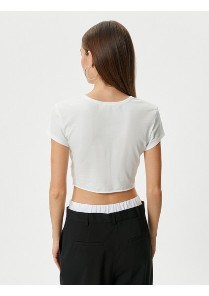 Baskılı Crop Tişört Düğüm Detaylı Kısa Kollu Bisiklet Yaka Slim Fit Pamuklu