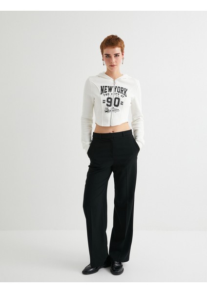 Crop Fermuarlı Kapüşonlu Sweatshirt Kolej Temalı Uzun Kollu Slim Fit