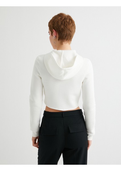 Crop Fermuarlı Kapüşonlu Sweatshirt Kolej Temalı Uzun Kollu Slim Fit
