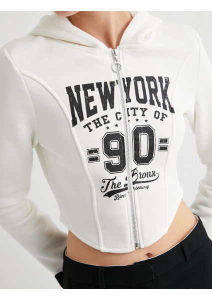 Crop Fermuarlı Kapüşonlu Sweatshirt Kolej Temalı Uzun Kollu Slim Fit