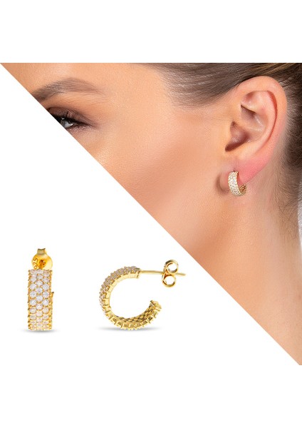 Zirkon Taşlı Yarım Tur Gold Renk 925 Ayar Gümüş Kadın Küpe fiyatları