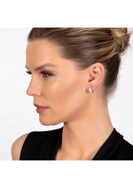 Zirkon Taşlı Yarım Tur Gold Renk 925 Ayar Gümüş Kadın Küpe indirimleri