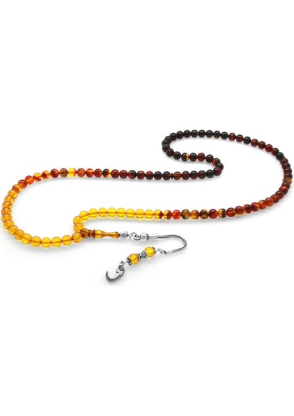 925 Ayar Gümüş Püsküllü Küre Kesim Süzme Bala-Siyah Ateş Kehribar 99LUK Tesbih