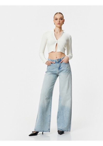 Crop Hırka Fermuarlı Dik Yaka Fitilli Viskon Karışımlı