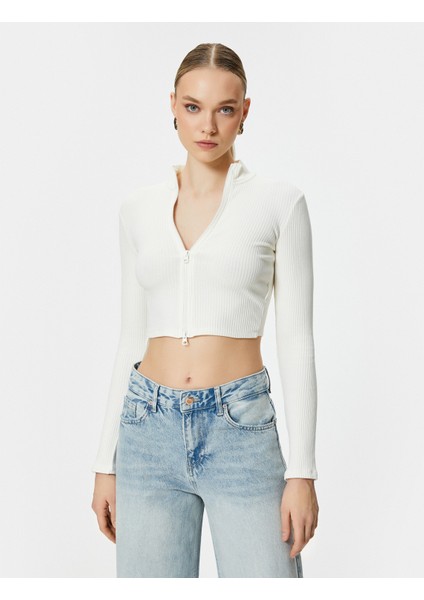 Crop Hırka Fermuarlı Dik Yaka Fitilli Viskon Karışımlı modelleri
