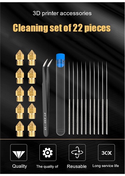 3D Yazıcı Aksesuarları Temizleme Kiti, 10X0.4MM Mk8 Sertleştirilmiş Çelik Nozul + 10X0.4MM Temizleme Iğnesi + Cımbız (Yurt Dışından)