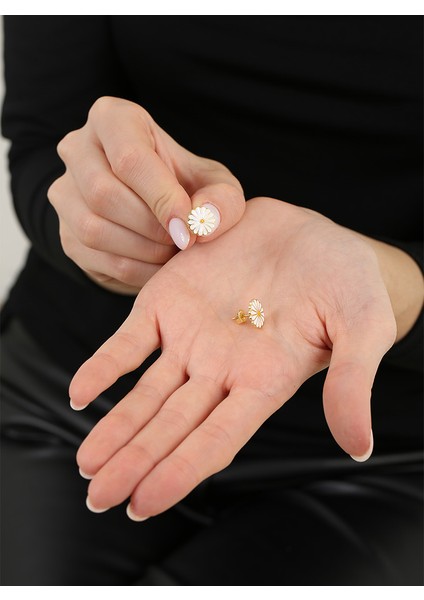 Papatya Tasarım Gold Renk 925 Ayar Gümüş Kadın Küpe