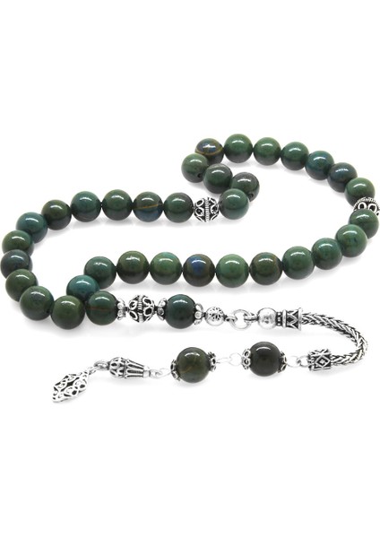 925 Ayar Gümüş Püsküllü Küre Kesim Kan Taşı Doğaltaş Tesbih