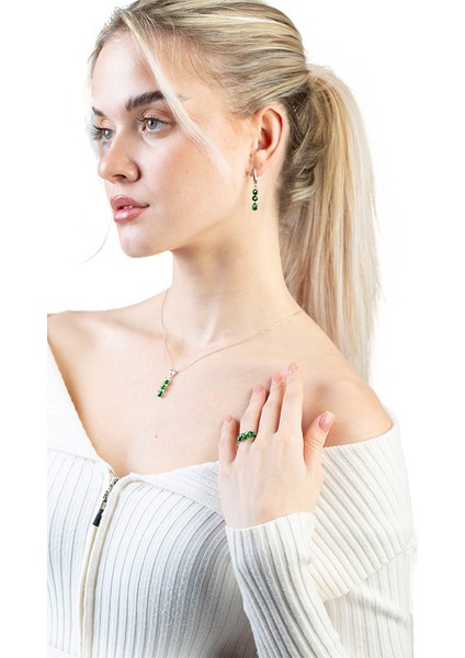 Faset Yeşil Zirkon Taşlı 3lü Damla Tasarım 925 Ayar Gümüş Kadın Küpe fiyatları