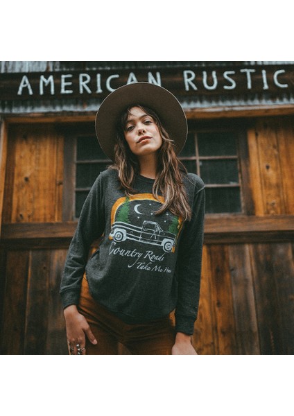 Unisex Kadın Siyah Country Roads Sweatshirt Oversize Kapüşonlu