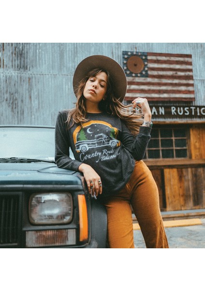 Unisex Kadın Siyah Country Roads Sweatshirt Oversize Kapüşonlu modelleri