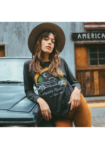 Unisex Kadın Siyah Country Roads Sweatshirt Oversize Kapüşonlu fırsatları