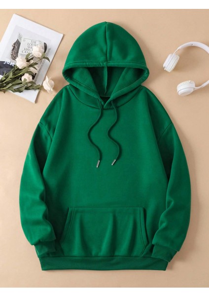 Unisex Kadın Yeşil Düz Renk Günlük Hoodie Bol Kesim Sweatshirt Içi Polarlı Oversize Kapüşonlu