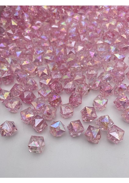100GR 10MM Janjanlı Pembe Renk Küp,kübik Model Akrilik Boncuk,takı ,çanta Boncuğu (100GR,~180 Adet)