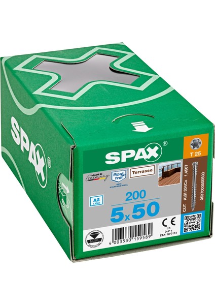 Ahşap Teras Vidası 5 x 50MM 100 Adet Sabitleyici Dişli Silindir Başlı T-Star Plus T25 A2 Paslanmaz