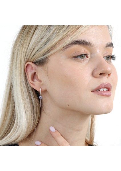 Mavi-Beyaz Zirkon Taşlı Çiçek Model Rose Renk 925 Ayar Gümüş Sallantılı Kadın Küpe