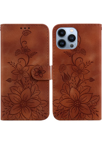 iPhone 13 Pro Max Için Kılıf Kabartmalı Lily Premium Pu Deri Cüzdan Stili Kart Tutuculu ve Standlı Çevirmeli Telefon Kılıfı (Yurt Dışından)