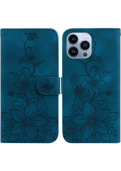iPhone 13 Pro Max Için Kılıf Kabartmalı Lily Premium Pu Deri Cüzdan Stili Kart Tutuculu ve Standlı Çevirmeli Telefon Kılıfı (Yurt Dışından)