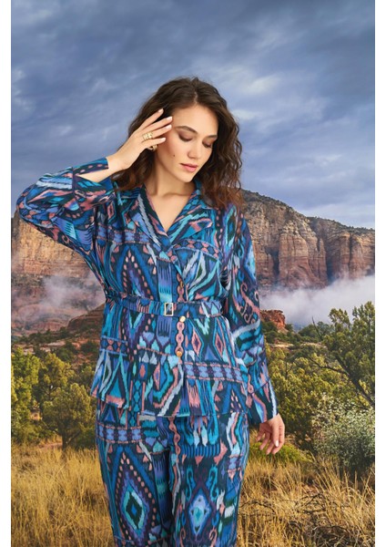 Kadın Etnik Desenli Önü Düğmeli Pijama Takımı 23120 fırsatları