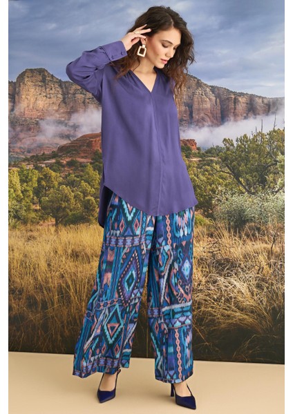 Kadın Etnik Desenli Uzun Kollu Pijama Takımı 23123
