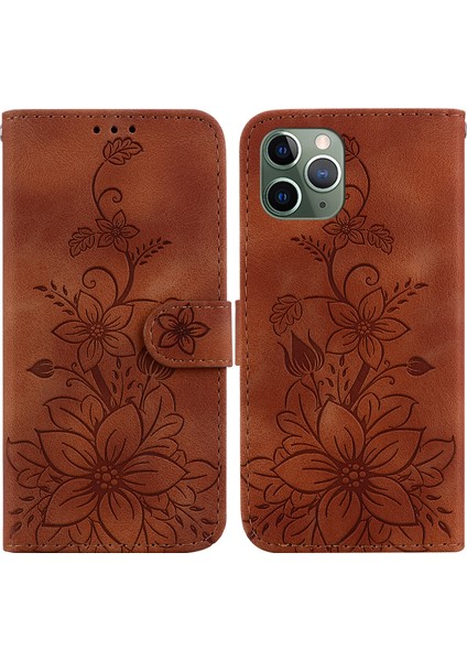 iPhone 11 Pro Max Için Kılıf Kabartmalı Lily Premium Pu Deri Cüzdan Stili Kart Tutuculu ve Standlı Çevirmeli Telefon Kılıfı (Yurt Dışından)