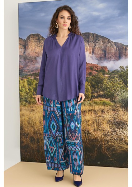 Kadın Etnik Desenli Uzun Kollu Pijama Takımı 23123