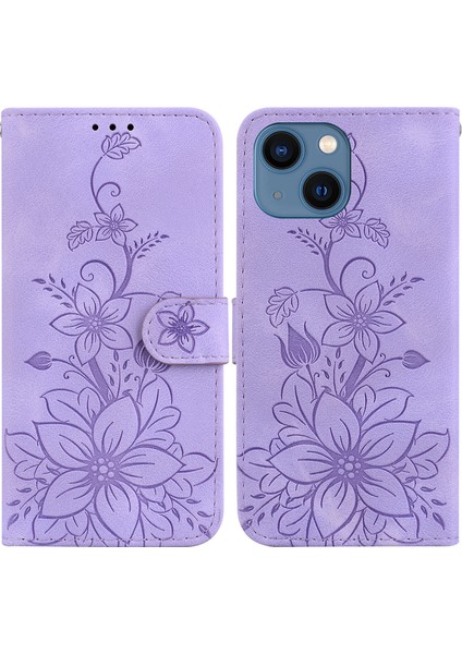 iPhone 15 Plus Için Kılıf Kabartmalı Lily Premium Pu Deri Cüzdan Stili Kart Tutuculu ve Standlı Çevirmeli Telefon Kılıfı (Yurt Dışından)