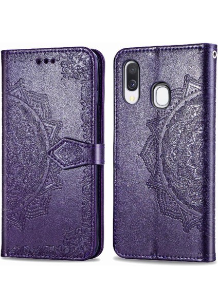 Samsung A40 Flip Zarif Desen Iş Deri Telefon Kılıfı (Yurt Dışından)