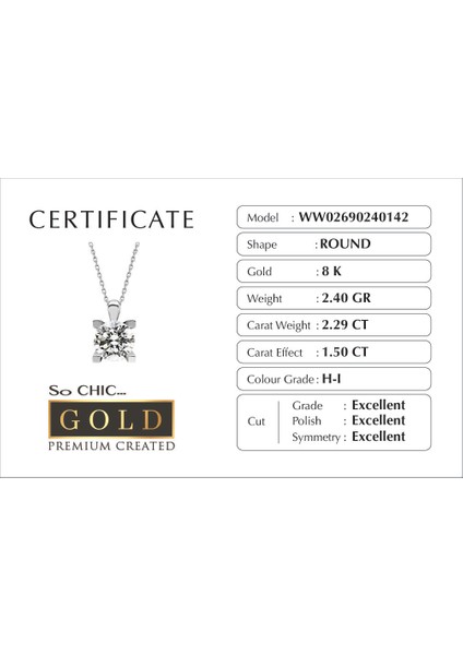 Beyaz Altın Sertifikalı Premium Created Taşlı 1.50 Ct Effect Tektaş Kolye
