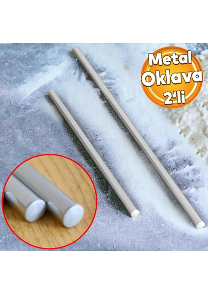 Alüminyum Metal Oklava 2'li Set 74-49 cm Börek Hamur Yufka Açma Silindir Yuvarlak Uzun Kısa Mutfak