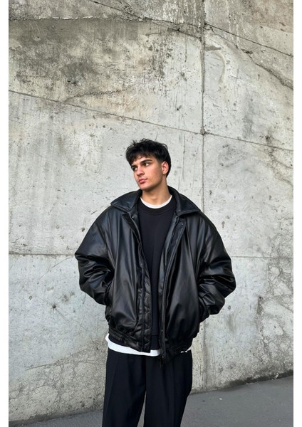 90's Vintage Kalıp Siyah Deri Mont