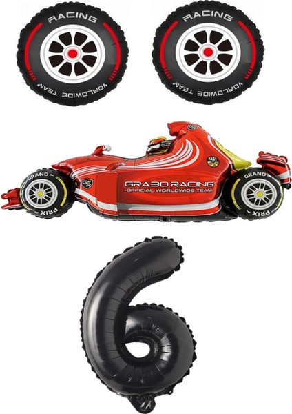Kırmızı Yarış Arabası Lastik Ve Siyah Rakam Folyo Balon Seti Yaş 6