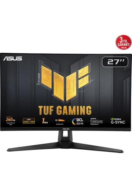 ASUS TUF GAMING VG27AQM1A   27 HDR400 2K IPS FREESYNC VE G-SYNC UYUMLU 2560x1440 1MS 260HZ DP HDMI USB MM VESA 3YIL ELMB SYNC, 90%DCI-P3 Monitör