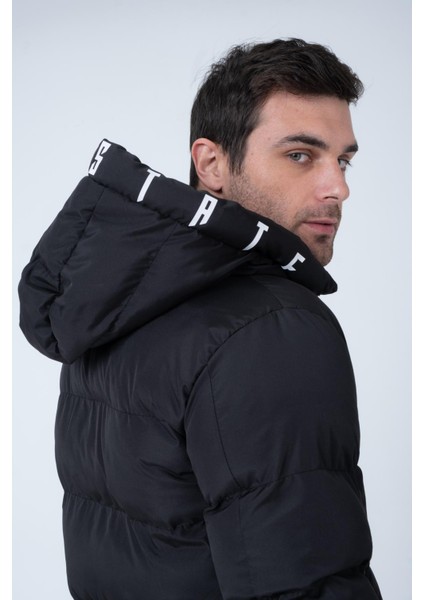 Erkek Kapüşonlu Age Of State Baskılı Şişme Mont Siyah fiyatları
