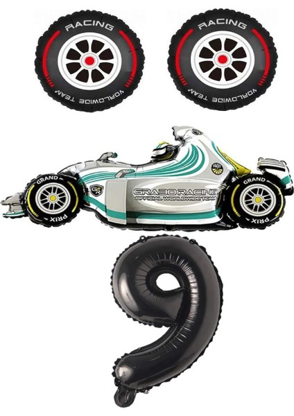 Beyaz Yarış Arabası Lastik Ve Siyah Rakam Folyo Balon Seti Yaş 9