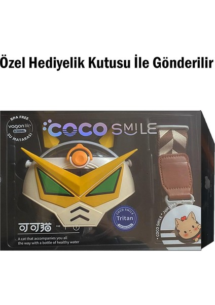Cocosmile Özel Kutulu 630 ml Pipetli Robot Temalı Tritan Su Matarası -Boyun Askılı Beyaz