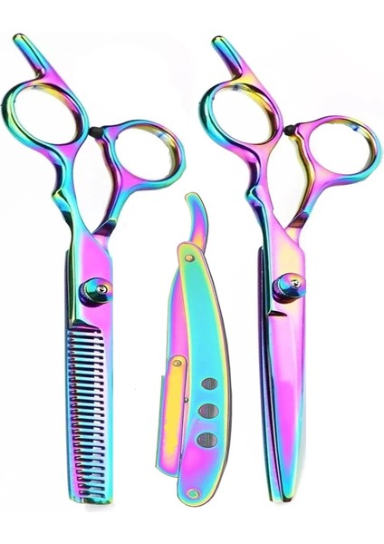 Deri Çantalı 3 Parça Berber Kuaför Makas Seti Rainbow Set Usturalı