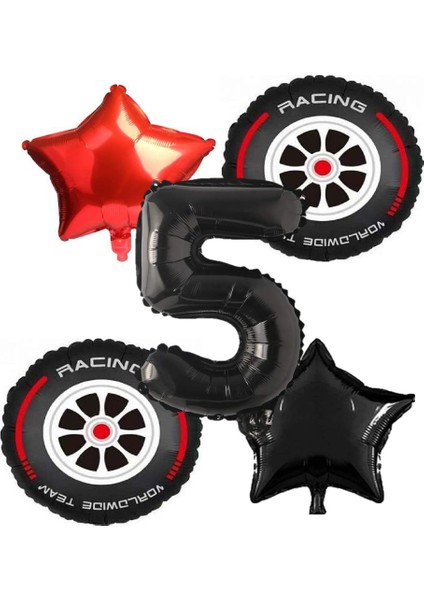 Yarış Lastiği Yıldız Ve Siyah Rakam Folyo Balon Seti Yaş 5